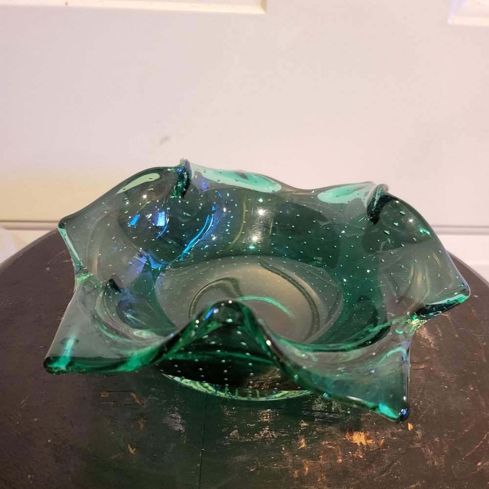 VINTAGE 50's CARL ERICKSON STUDIO GLASS GREEN CONTROLLED BUBBLE ASHTRAY 7" - Picture 2 of 8